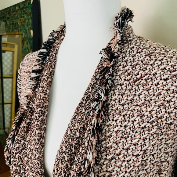 White House Black Market Size XS Tweed Open Fringe Knit Cardigan Peach Black - Picture 5 of 12